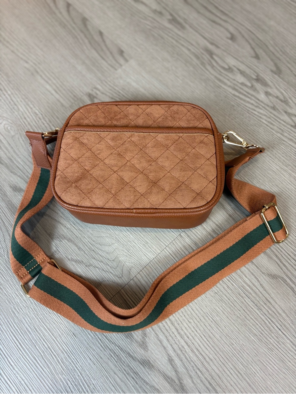 Shiraleah Tan Quilted Crossbody with Green-Striped Strap